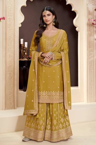 traditional yellow chinon palazzo suit set for women
