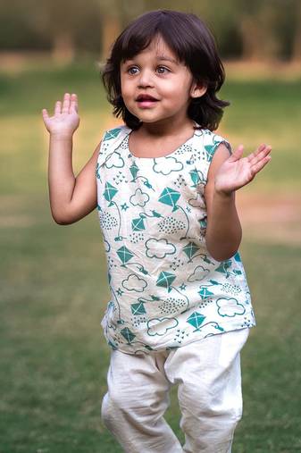 Organic patang teal jhabla top + white pants