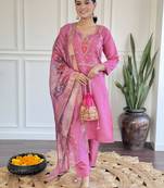 Women's Viscose Chanderi Fabric Straight Kurta, Pant and Dupatta Set