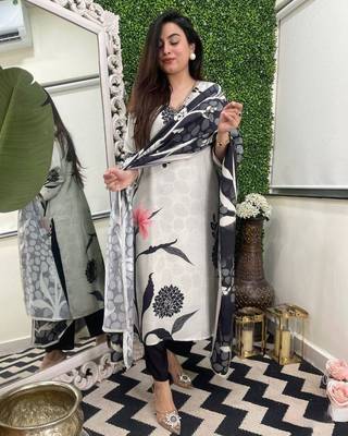 Women's Viscose Rayon Fabric Straight Printed Kurta, Pant and Dupatta Set 1