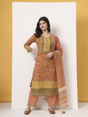 cotton yellow kurta dupatta set with lace detailing 1