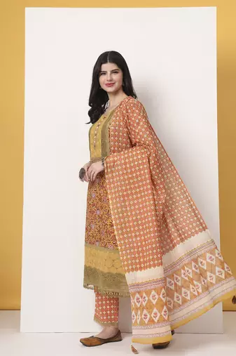 cotton yellow kurta dupatta set with lace detailing