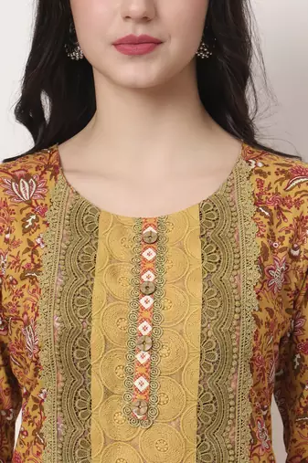 cotton yellow kurta dupatta set with lace detailing