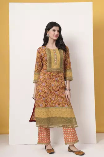cotton yellow kurta dupatta set with lace detailing