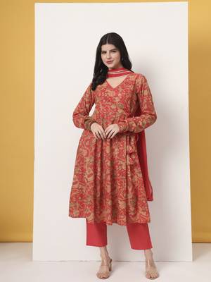 red cotton anarkali kurta with dobby dupatta set 1