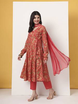 red cotton anarkali kurta with dobby dupatta set 2