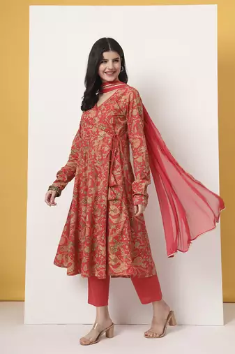 red cotton anarkali kurta with dobby dupatta set
