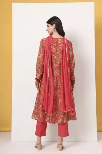 red cotton anarkali kurta with dobby dupatta set