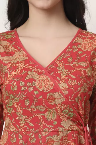 red cotton anarkali kurta with dobby dupatta set