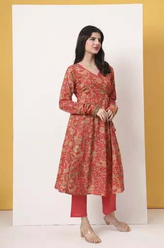 red cotton anarkali kurta with dobby dupatta set