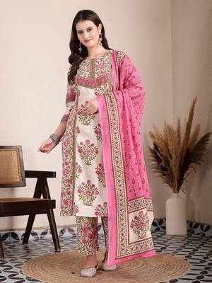 pink and beige pure cotton floral,sequins work kurta dupatta set 1