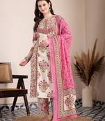 pink and beige pure cotton floral,sequins work kurta dupatta set