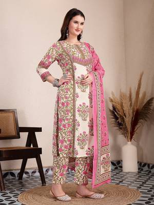 pink and beige pure cotton floral,sequins work kurta dupatta set 2