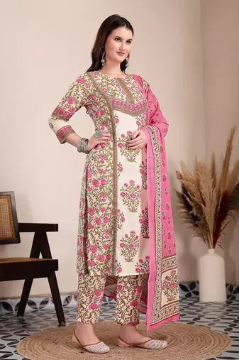 pink and beige pure cotton floral,sequins work kurta dupatta set