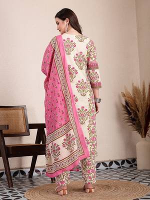 pink and beige pure cotton floral,sequins work kurta dupatta set 3
