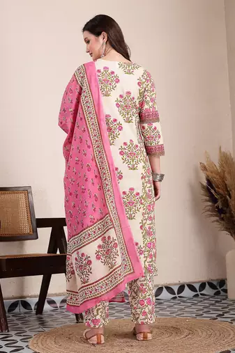 pink and beige pure cotton floral,sequins work kurta dupatta set