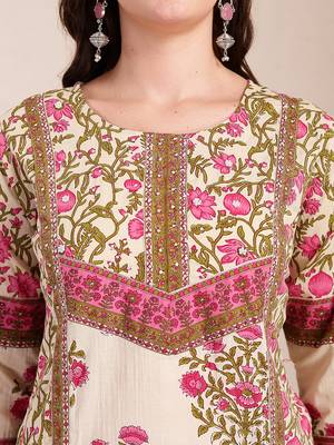 pink and beige pure cotton floral,sequins work kurta dupatta set 4