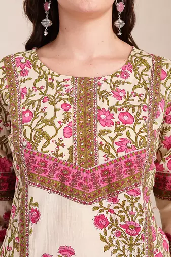 pink and beige pure cotton floral,sequins work kurta dupatta set