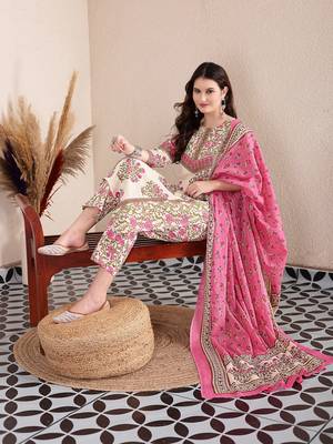 pink and beige pure cotton floral,sequins work kurta dupatta set 5