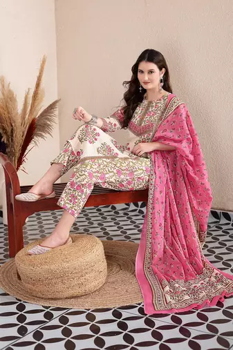 pink and beige pure cotton floral,sequins work kurta dupatta set