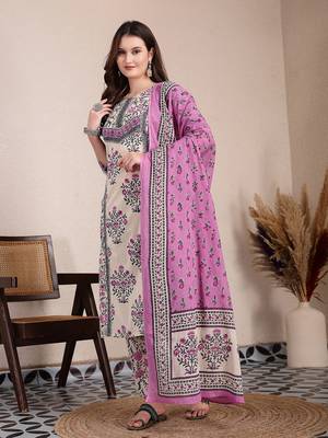 purple and beige pure cotton floral,sequins work kurta dupatta set 1