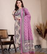purple and beige pure cotton floral,sequins work kurta dupatta set