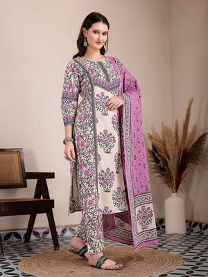 purple and beige pure cotton floral,sequins work kurta dupatta set 2