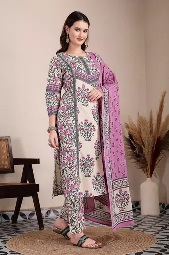 purple and beige pure cotton floral,sequins work kurta dupatta set