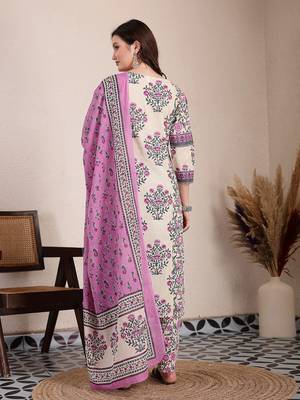 purple and beige pure cotton floral,sequins work kurta dupatta set 3