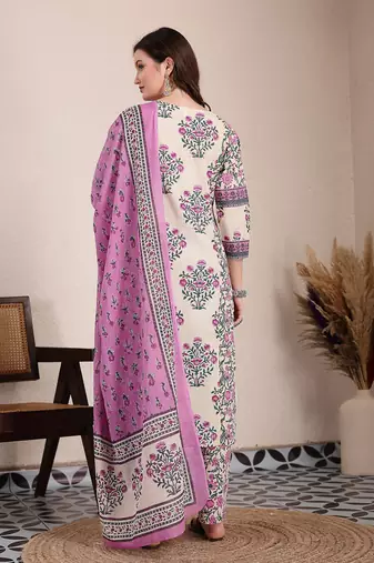 purple and beige pure cotton floral,sequins work kurta dupatta set