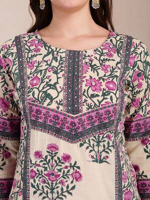 purple and beige pure cotton floral,sequins work kurta dupatta set 4