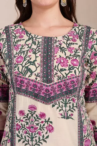 purple and beige pure cotton floral,sequins work kurta dupatta set
