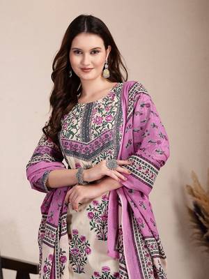 purple and beige pure cotton floral,sequins work kurta dupatta set 5