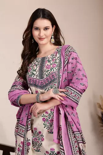 purple and beige pure cotton floral,sequins work kurta dupatta set