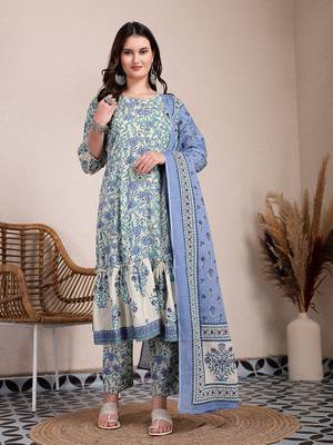 blue and beige pure cotton floral print tiered kurta dupatta set 1