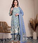 blue and beige pure cotton floral print tiered kurta dupatta set