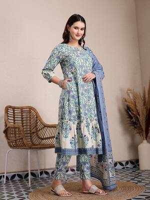 blue and beige pure cotton floral print tiered kurta dupatta set 2