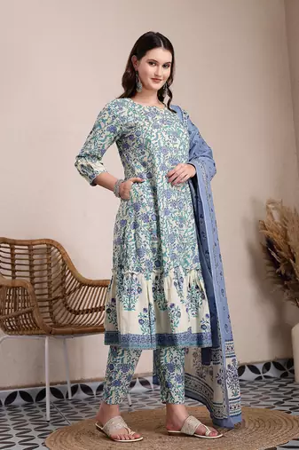 blue and beige pure cotton floral print tiered kurta dupatta set