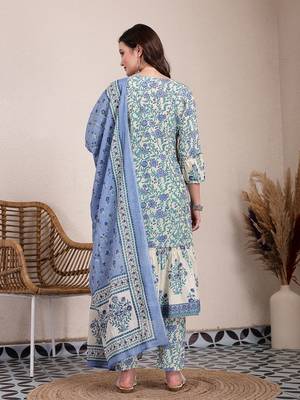 blue and beige pure cotton floral print tiered kurta dupatta set 3