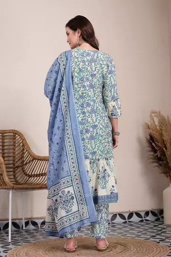 blue and beige pure cotton floral print tiered kurta dupatta set