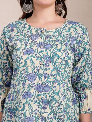 blue and beige pure cotton floral print tiered kurta dupatta set 4