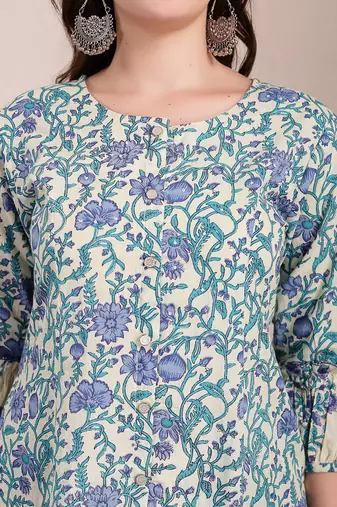 blue and beige pure cotton floral print tiered kurta dupatta set