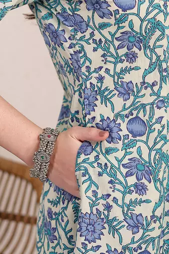 blue and beige pure cotton floral print tiered kurta dupatta set