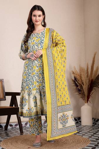 yellow and beige pure cotton floral print tiered kurta dupatta set