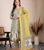 yellow and beige pure cotton floral print tiered kurta dupatta set