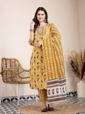 mustard cotton lace work on yoke straight kurta dupatta pant set 1