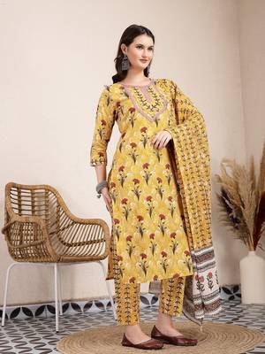 mustard cotton lace work on yoke straight kurta dupatta pant set 2