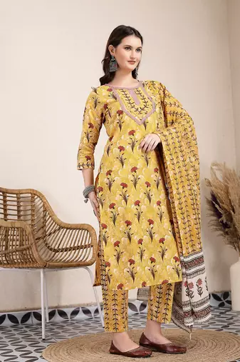 mustard cotton lace work on yoke straight kurta dupatta pant set