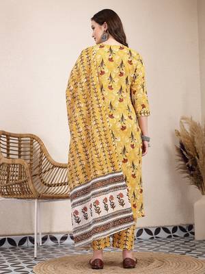mustard cotton lace work on yoke straight kurta dupatta pant set 3