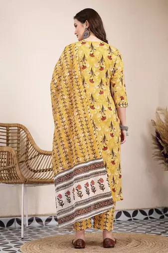 mustard cotton lace work on yoke straight kurta dupatta pant set